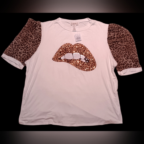 2/$35 White T, Sheer Leopard Puff Short Sleeves, Sequins Leopard Lip Design, 2X - Picture 2 of 6